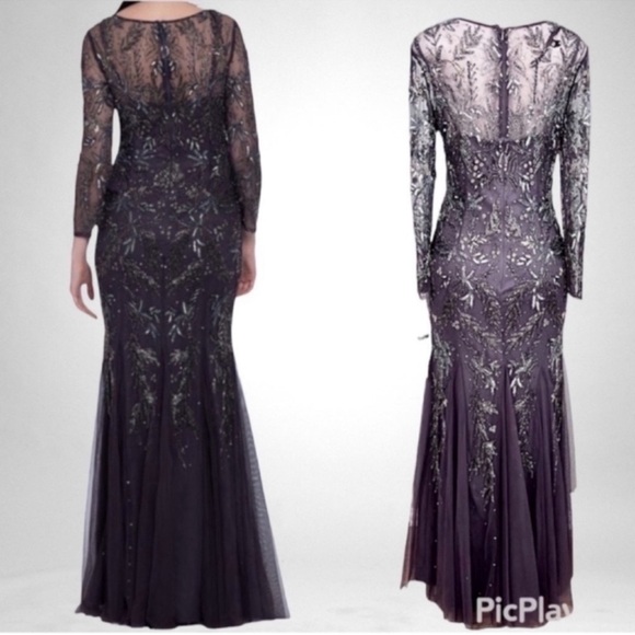 NEW Camille La Vie Long Sleeve Beaded V-Neck Godet Dress Gunmetal Gray SZ 10 - Picture 2 of 13